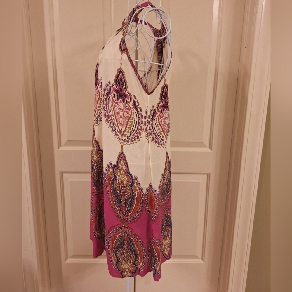 Paisley Print A-Line Swing Halter Dress MultiColor Pink Ivory Blue - Picture 5 of 6
